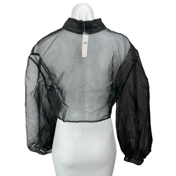 NEW By Anthropologie Black Balloon Long Sleeve Button Sheer Crop Blouse Top OS - Picture 2 of 5